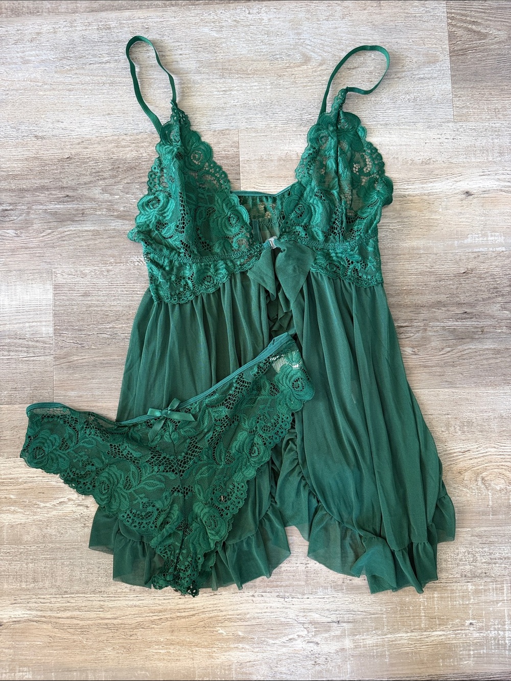 Lace Trim Mesh Babydoll Set - Green